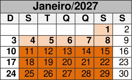 Janeiro de 2027: reprodução do calendário oficial do CEMA, com as marcações de dias por cor.