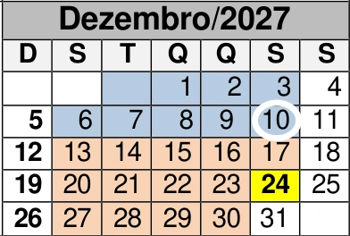 Dezembro de 2027: reprodução do calendário oficial do CEMA, com as marcações de dias por cor.