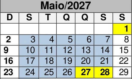 Maio de 2027: reprodução do calendário oficial do CEMA, com as marcações de dias por cor.