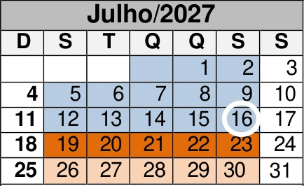 Julho de 2027: reprodução do calendário oficial do CEMA, com as marcações de dias por cor.