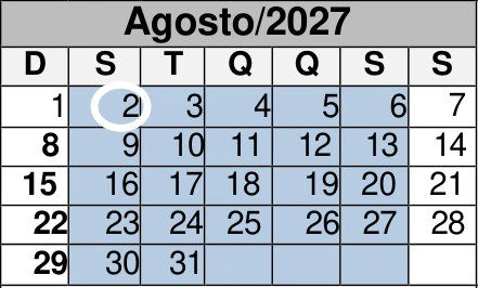 Agosto de 2027: reprodução do calendário oficial do CEMA, com as marcações de dias por cor.