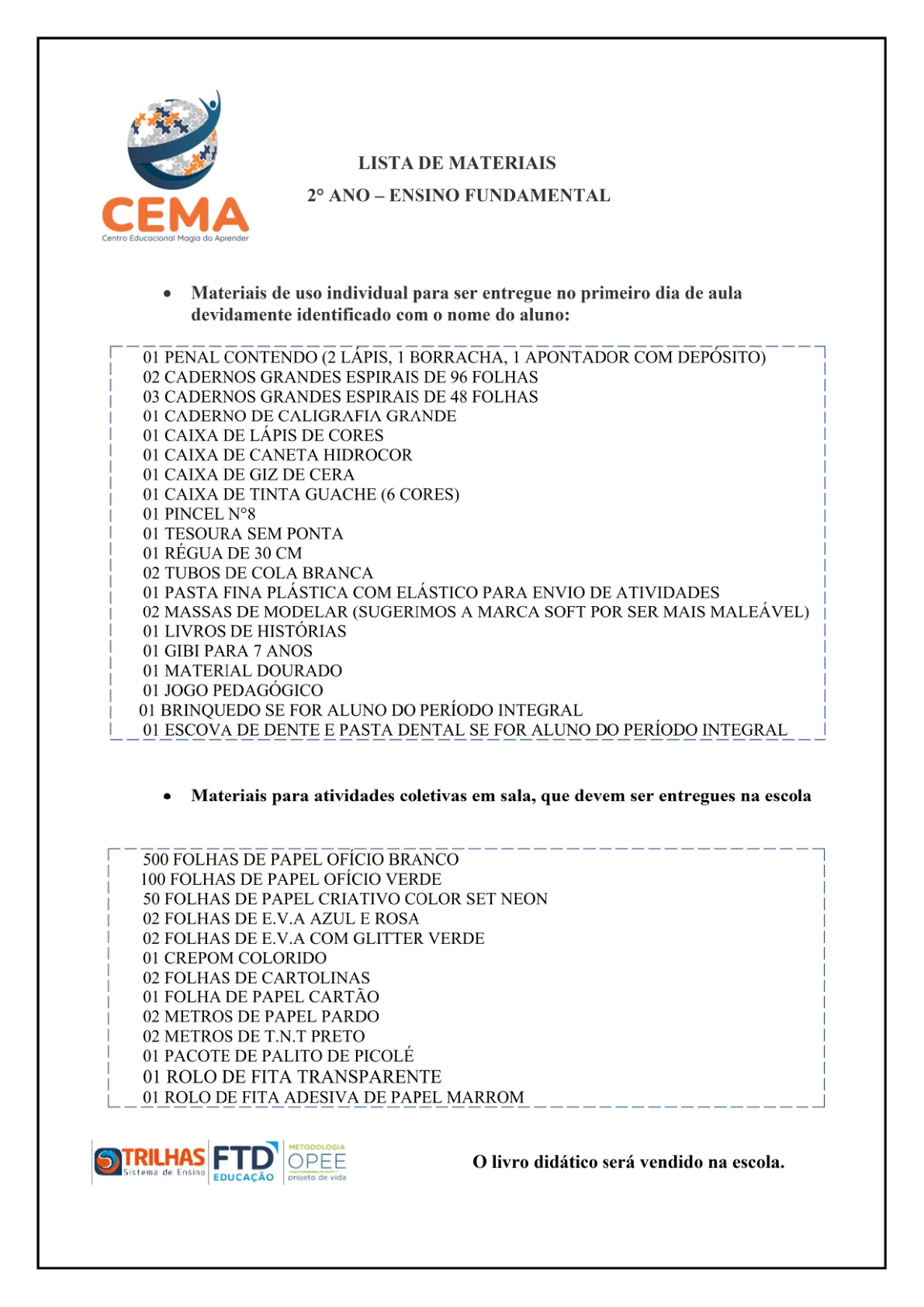 Lista de materiais de 2º ano, reprodução da página 2 do PDF de Ensino Fundamental.