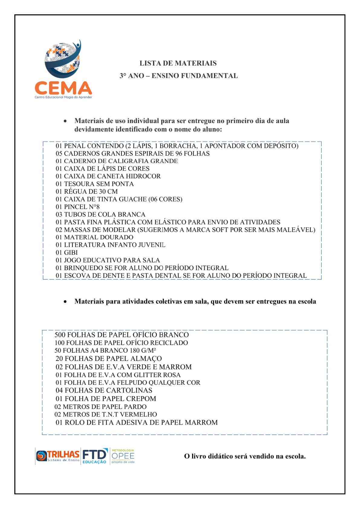 Lista de materiais de 3º ano, reprodução da página 3 do PDF de Ensino Fundamental.