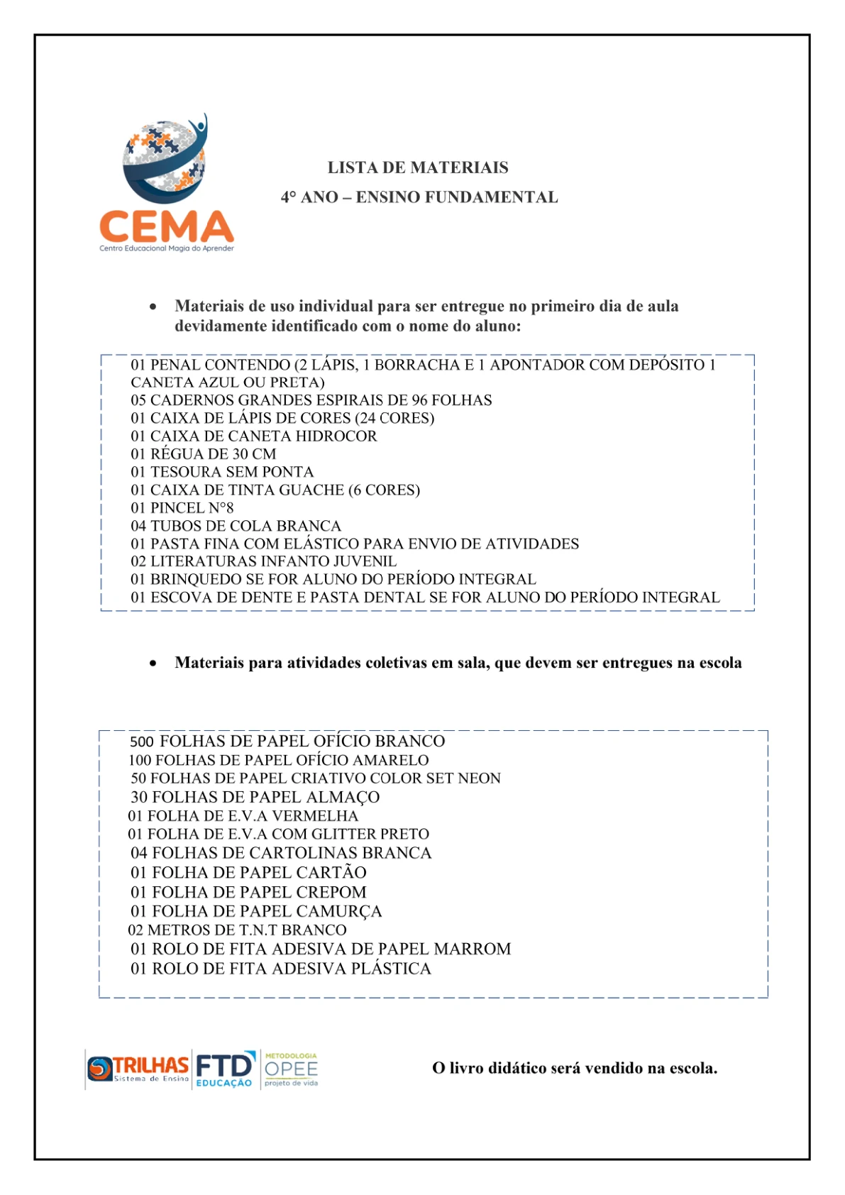 Lista de materiais de 4º ano, reprodução da página 4 do PDF de Ensino Fundamental.