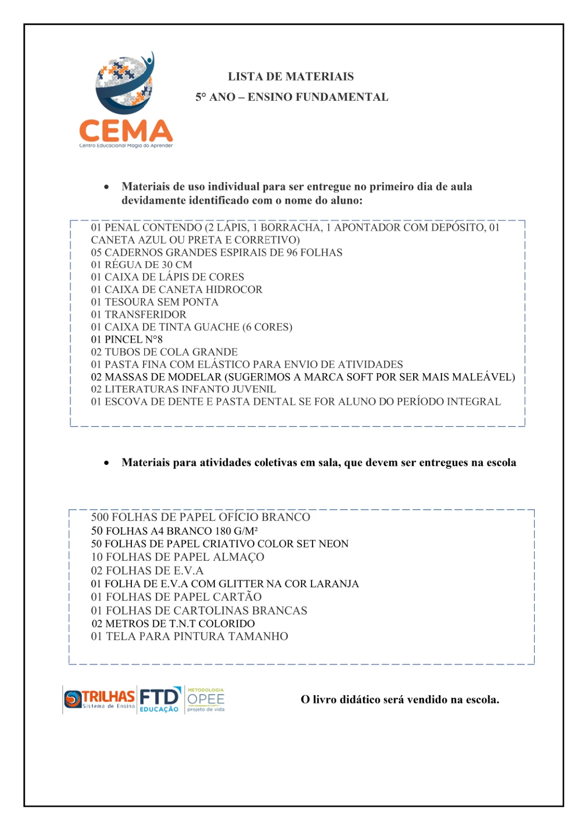 Lista de materiais de 5º ano, reprodução da página 5 do PDF de Ensino Fundamental.