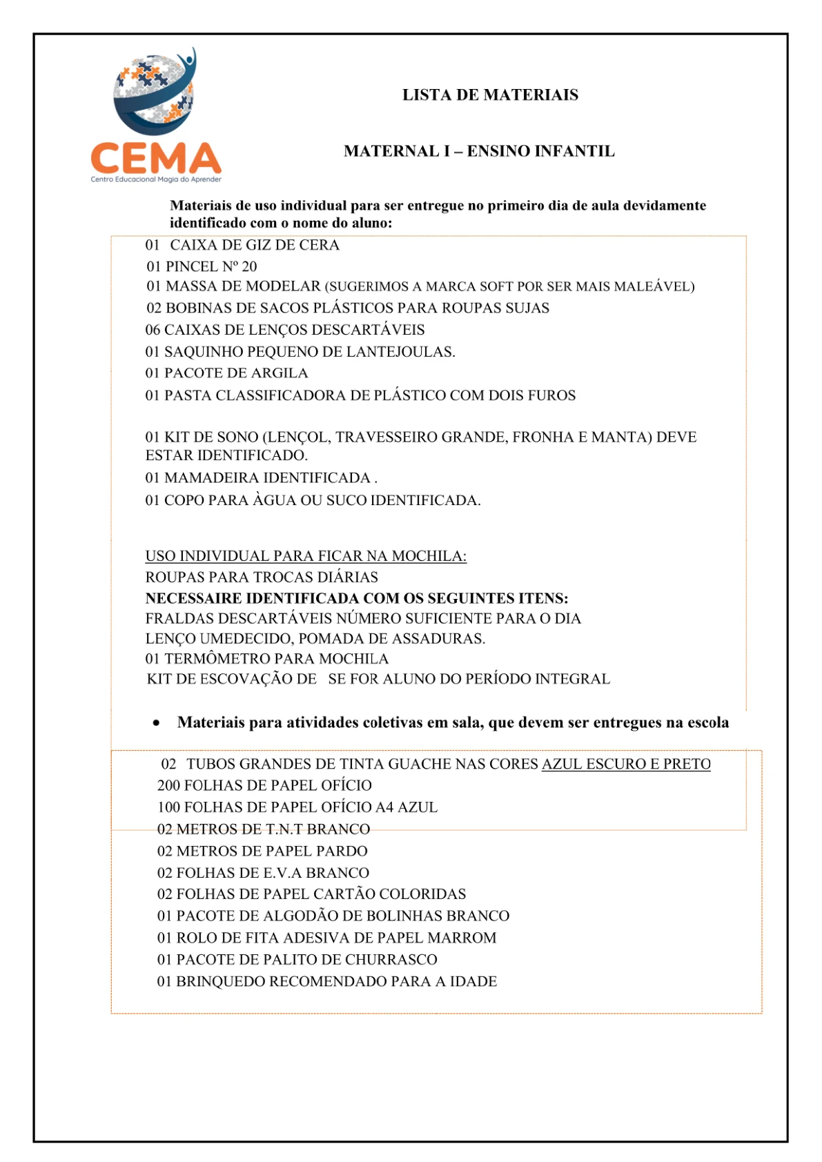 Lista de materiais de Maternal I, reprodução da página 2 do PDF de Educação Infantil.