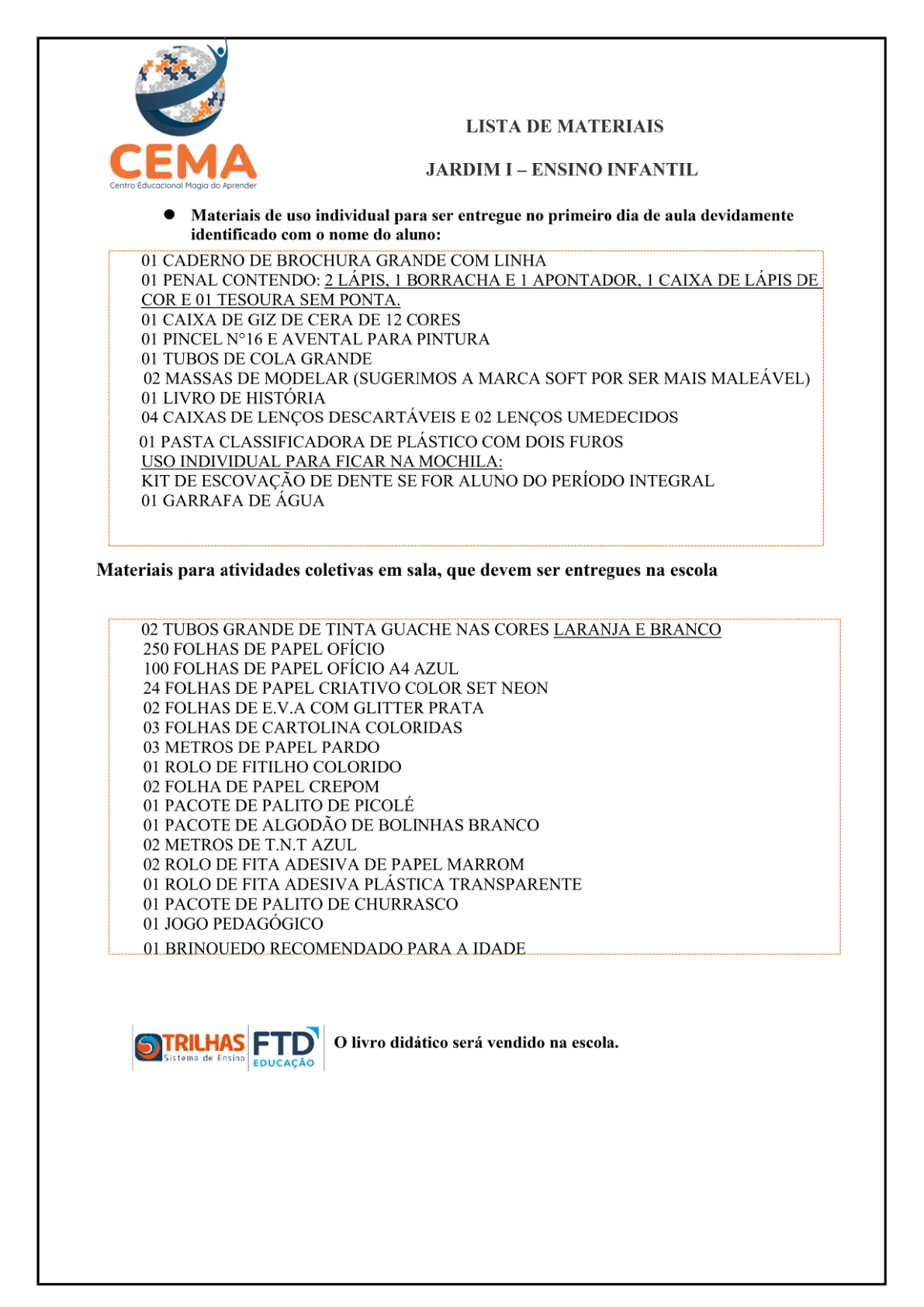 Lista de materiais de Jardim I, reprodução da página 4 do PDF de Educação Infantil.