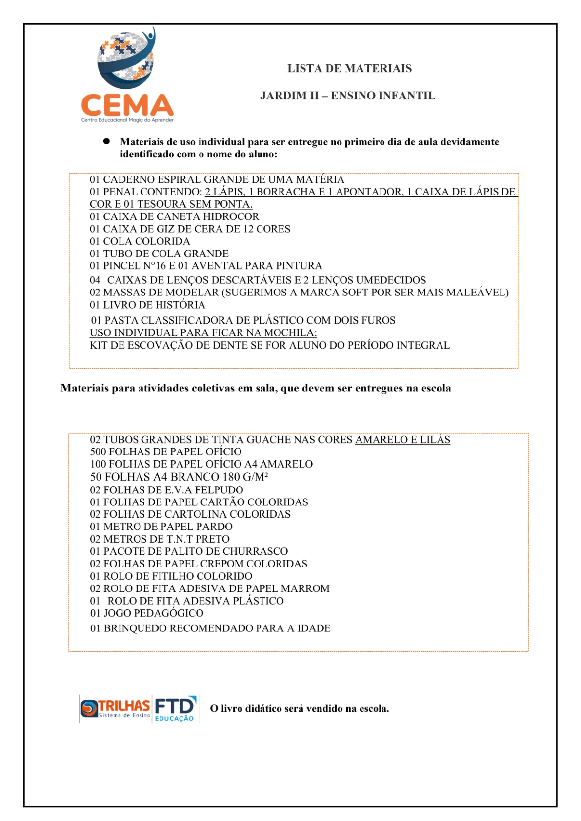 Lista de materiais de Jardim II, reprodução da página 5 do PDF de Educação Infantil.