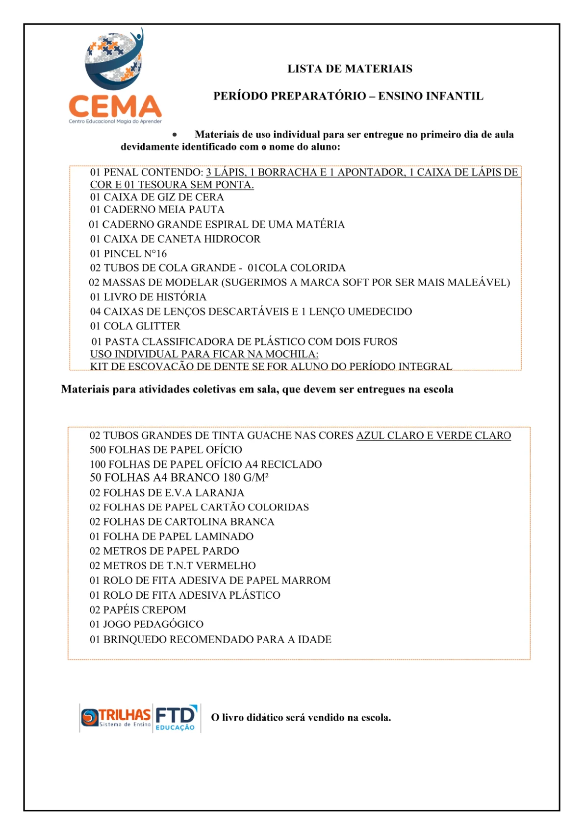 Lista de materiais de Período Preparatório, reprodução da página 6 do PDF de Educação Infantil.